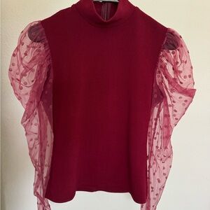 Burgundy Polka Dots Puff Sleeve Blouse Tops